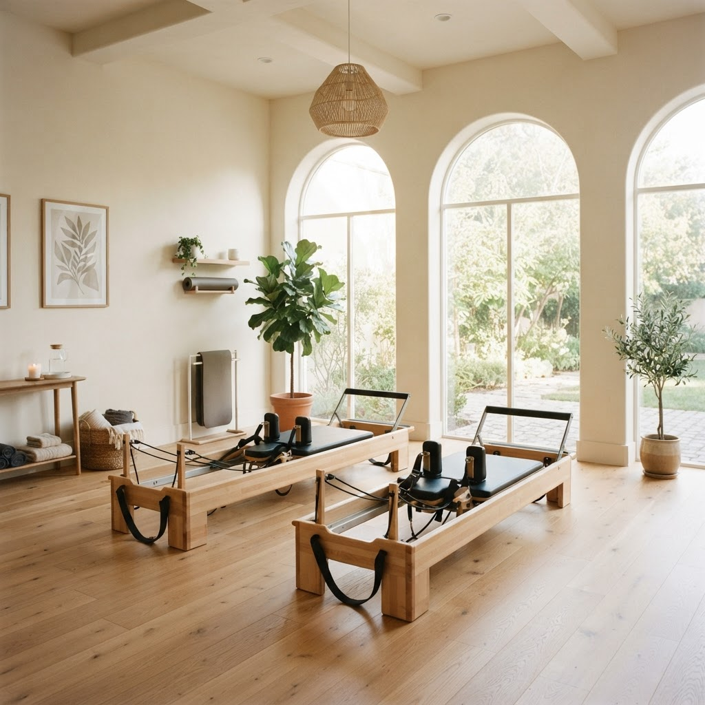 Studio luminos de Reformer Pilates cu aparate din lemn